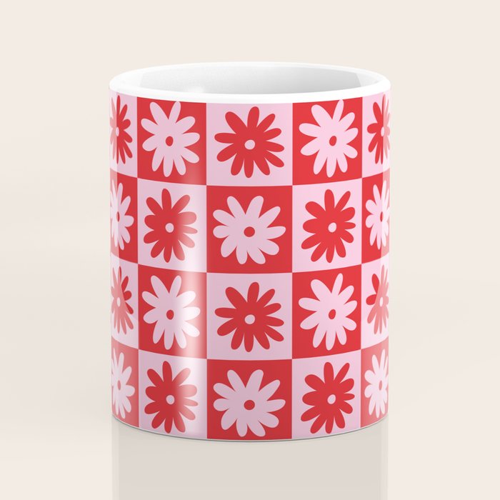 Pink & Red Checkerboard Flower Pattern Coffee Mug Gallery Image 4
