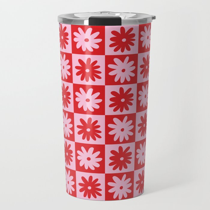 Pink & Red Checkerboard Flower Pattern Travel Mug Gallery Image 1