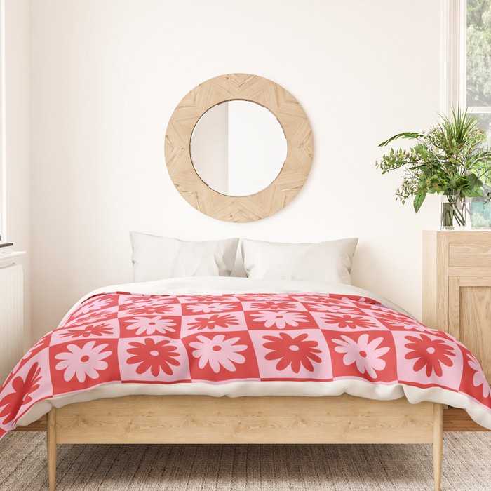 Pink & Red Checkerboard Flower Pattern Duvet Cover Gallery Image 3