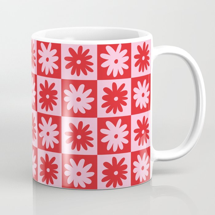 Pink & Red Checkerboard Flower Pattern Coffee Mug Gallery Image 1