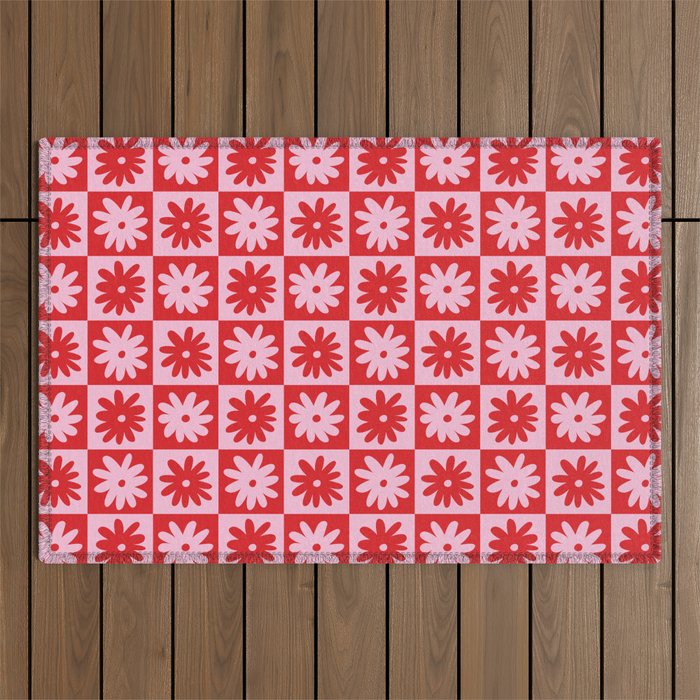 Pink & Red Checkerboard Flower Pattern Outdoor Rug Gallery Image 1