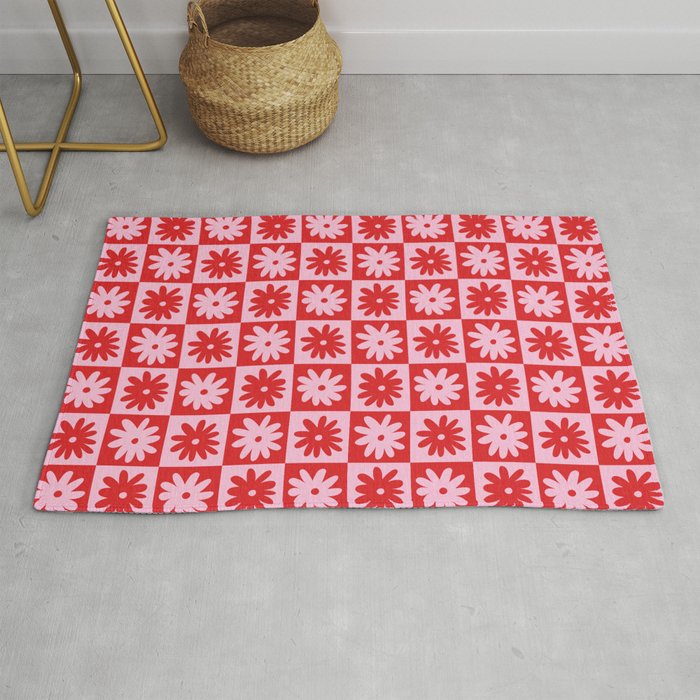 Pink & Red Checkerboard Flower Pattern Rug Gallery Image 1
