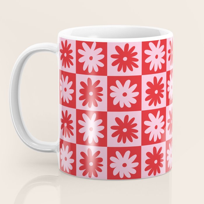 Pink & Red Checkerboard Flower Pattern Coffee Mug Gallery Image 3