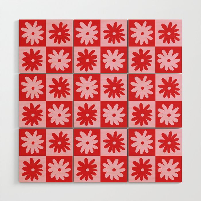 Pink & Red Checkerboard Flower Pattern Wood Wall Art Gallery Image 1