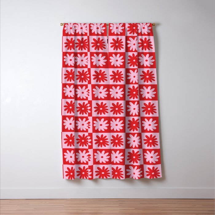 Pink & Red Checkerboard Flower Pattern Window Curtain Gallery Image 3