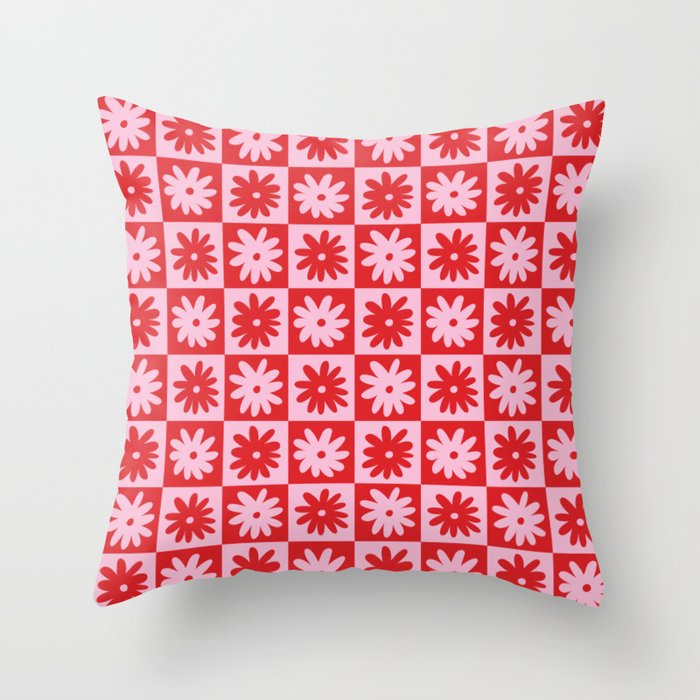Pink & Red Checkerboard Flower Pattern Throw Pillow Gallery Image 6