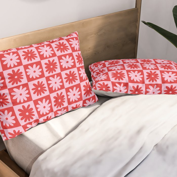 Pink & Red Checkerboard Flower Pattern Pillow Sham Gallery Image 2