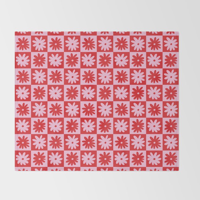 Pink & Red Checkerboard Flower Pattern Throw Blanket Gallery Image 2