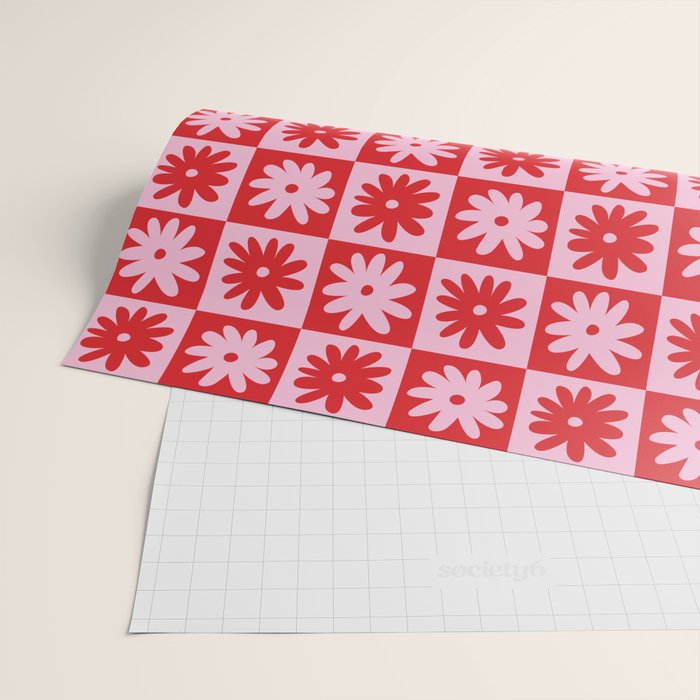 Pink & Red Checkerboard Flower Pattern Wrapping Paper Gallery Image 2
