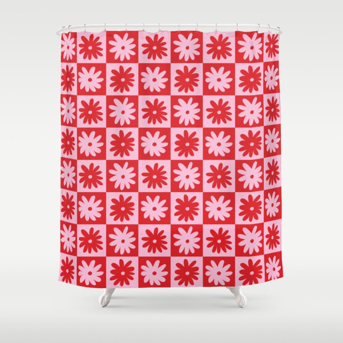 Pink & Red Checkerboard Flower Pattern Shower Curtain Gallery Image 1