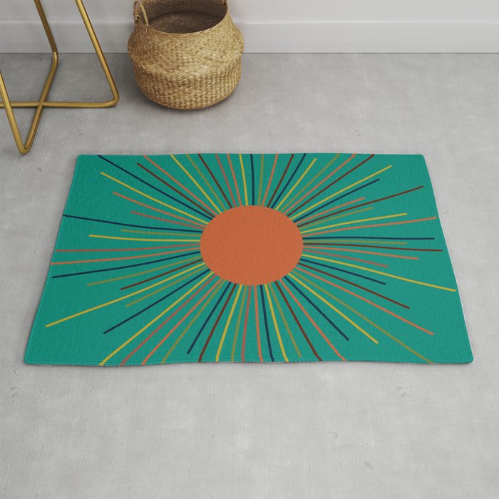 Mid-Century Modern Sunburst - Minimalist Abstract Sun in Mid Mod Orange, Olive, Mustard, and Teal Turquoise Rug Gallery Image 1