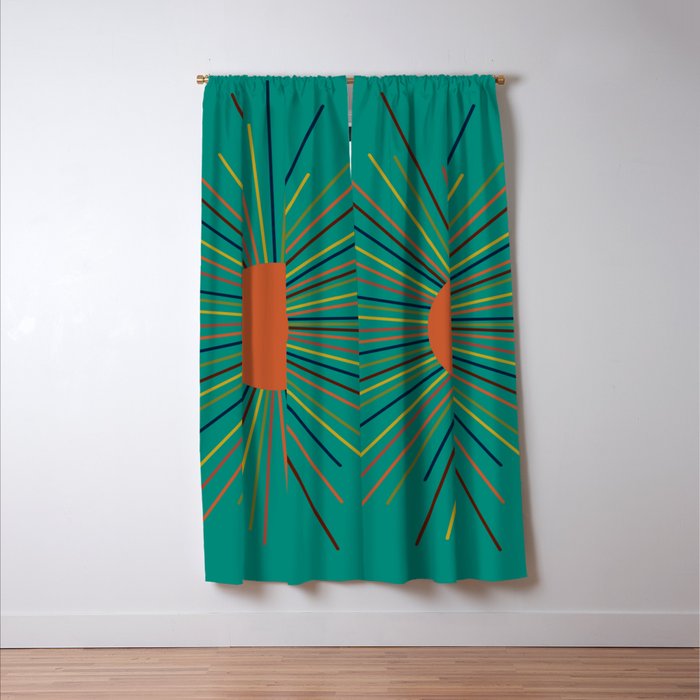 Mid-Century Modern Sunburst - Minimalist Abstract Sun in Mid Mod Orange, Olive, Mustard, and Teal Turquoise Window Curtain Gallery Image 3
