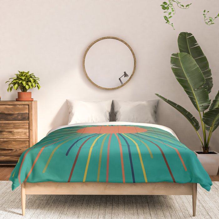 Mid-Century Modern Sunburst - Minimalist Abstract Sun in Mid Mod Orange, Olive, Mustard, and Teal Turquoise Comforter Gallery Image 3