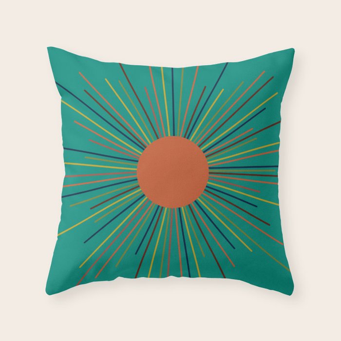 Mid-Century Modern Sunburst - Minimalist Abstract Sun in Mid Mod Orange, Olive, Mustard, and Teal Turquoise Throw Pillow Gallery Image 6