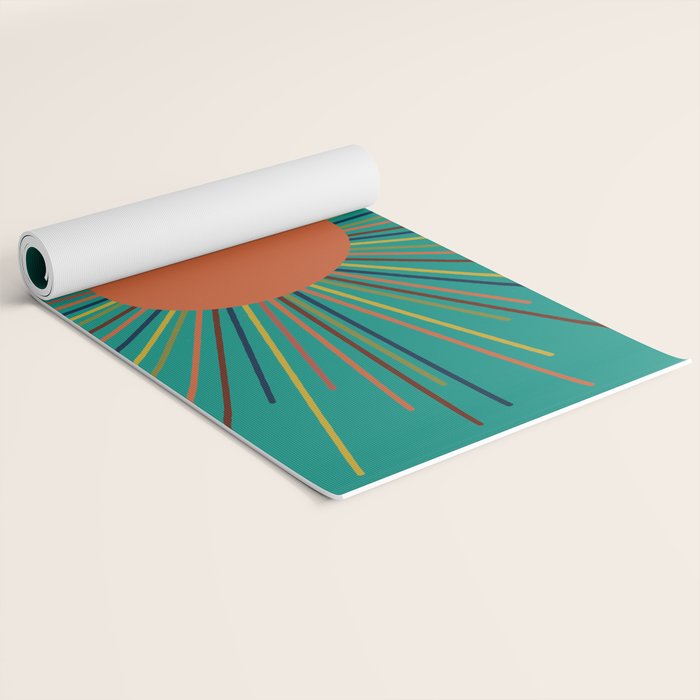 Mid-Century Modern Sunburst - Minimalist Abstract Sun in Mid Mod Orange, Olive, Mustard, and Teal Turquoise Yoga Mat Gallery Image 2