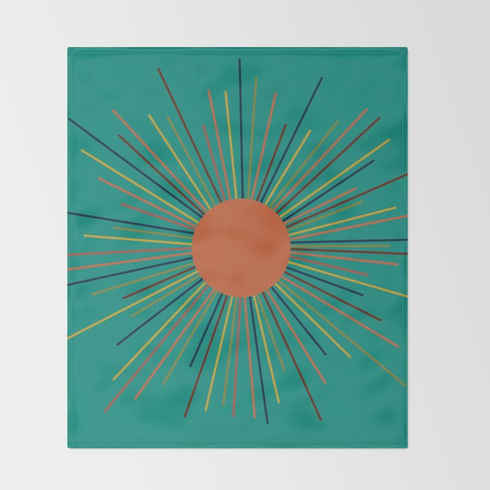 Mid-Century Modern Sunburst - Minimalist Abstract Sun in Mid Mod Orange, Olive, Mustard, and Teal Turquoise Throw Blanket Gallery Image 2