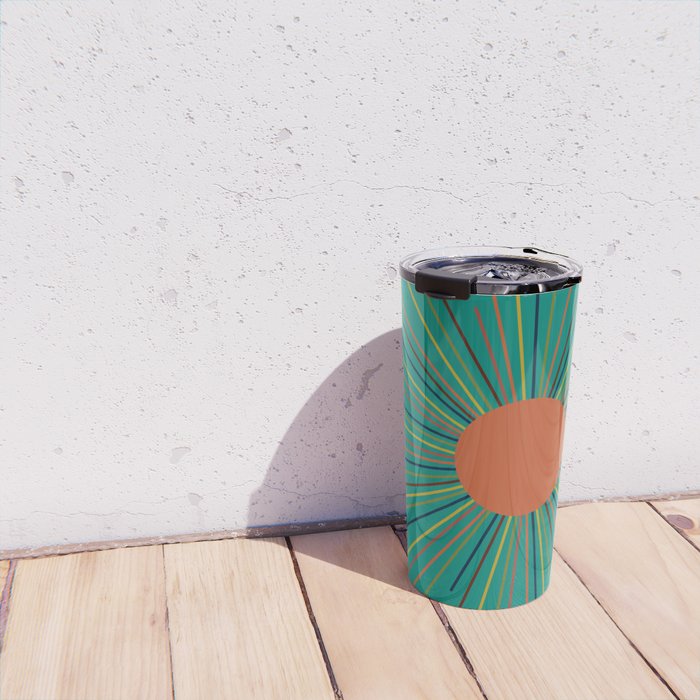 Mid-Century Modern Sunburst - Minimalist Abstract Sun in Mid Mod Orange, Olive, Mustard, and Teal Turquoise Travel Mug Gallery Image 4