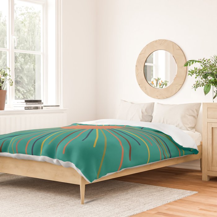 Mid-Century Modern Sunburst - Minimalist Abstract Sun in Mid Mod Orange, Olive, Mustard, and Teal Turquoise Duvet Cover Gallery Image 2