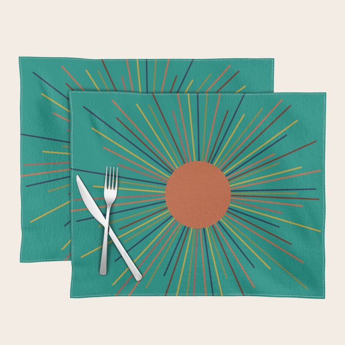 Mid-Century Modern Sunburst - Minimalist Abstract Sun in Mid Mod Orange, Olive, Mustard, and Teal Turquoise Placemat Gallery Image 1