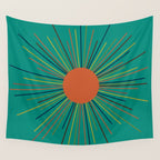 Mid-Century Modern Sunburst - Minimalist Abstract Sun in Mid Mod Orange, Olive, Mustard, and Teal Turquoise Wall Tapestry Gallery Image 4