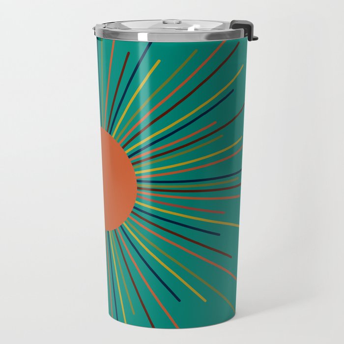 Mid-Century Modern Sunburst - Minimalist Abstract Sun in Mid Mod Orange, Olive, Mustard, and Teal Turquoise Travel Mug Gallery Image 2