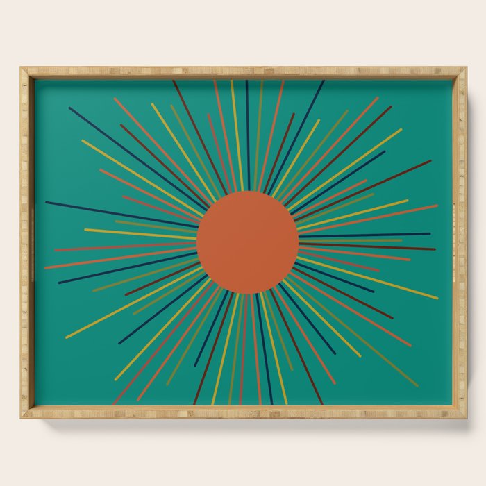 Mid-Century Modern Sunburst - Minimalist Abstract Sun in Mid Mod Orange, Olive, Mustard, and Teal Turquoise Serving Tray Gallery Image 1