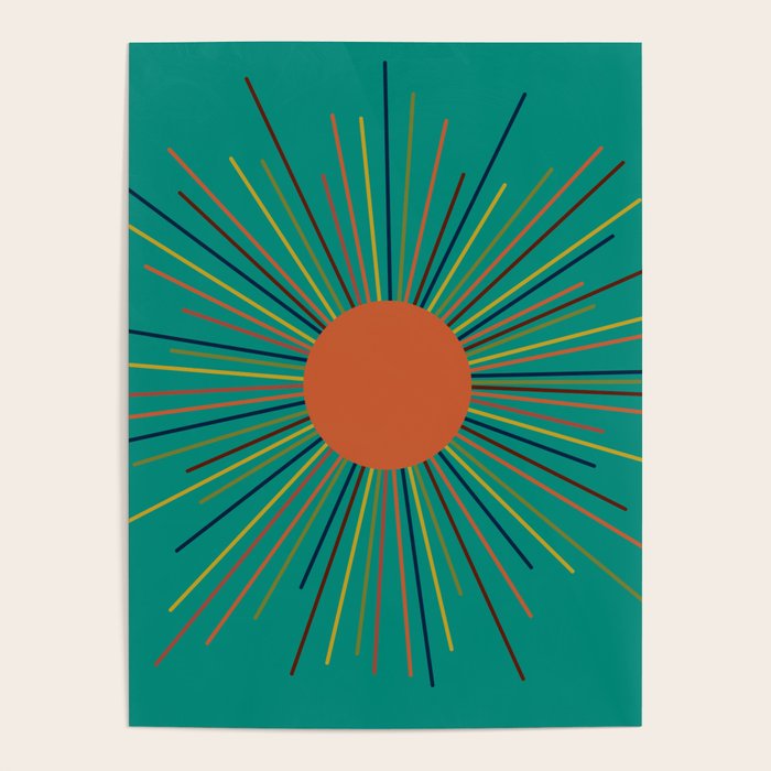 Mid-Century Modern Sunburst - Minimalist Abstract Sun in Mid Mod Orange, Olive, Mustard, and Teal Turquoise Poster Gallery Image 1