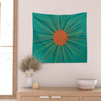 Mid-Century Modern Sunburst - Minimalist Abstract Sun in Mid Mod Orange, Olive, Mustard, and Teal Turquoise Wall Tapestry Gallery Image 2