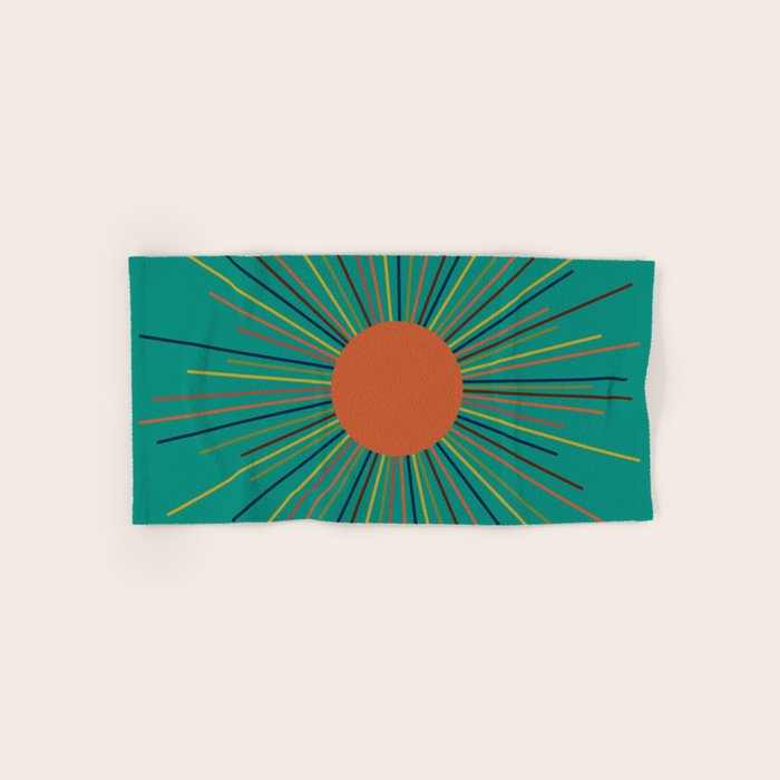 Mid-Century Modern Sunburst - Minimalist Abstract Sun in Mid Mod Orange, Olive, Mustard, and Teal Turquoise Bath Towel Gallery Image 1
