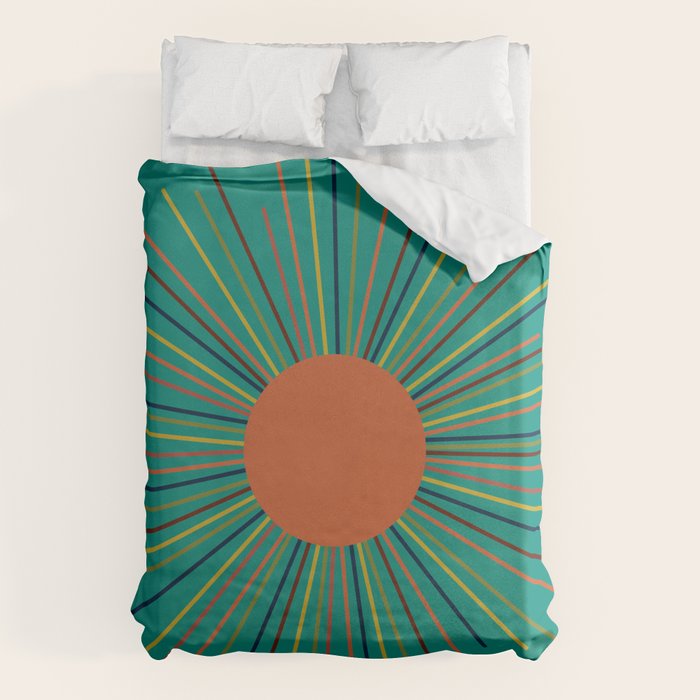 Mid-Century Modern Sunburst - Minimalist Abstract Sun in Mid Mod Orange, Olive, Mustard, and Teal Turquoise Duvet Cover Gallery Image 1