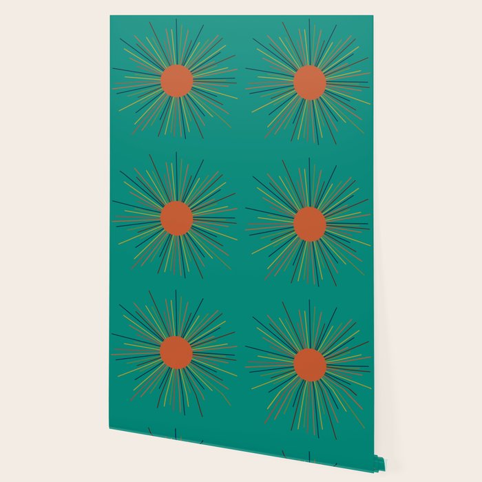 Mid-Century Modern Sunburst - Minimalist Abstract Sun in Mid Mod Orange, Olive, Mustard, and Teal Turquoise Wallpaper Gallery Image 2