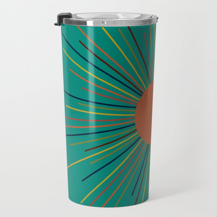 Mid-Century Modern Sunburst - Minimalist Abstract Sun in Mid Mod Orange, Olive, Mustard, and Teal Turquoise Travel Mug Gallery Image 3