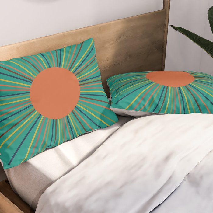 Mid-Century Modern Sunburst - Minimalist Abstract Sun in Mid Mod Orange, Olive, Mustard, and Teal Turquoise Pillow Sham Gallery Image 2