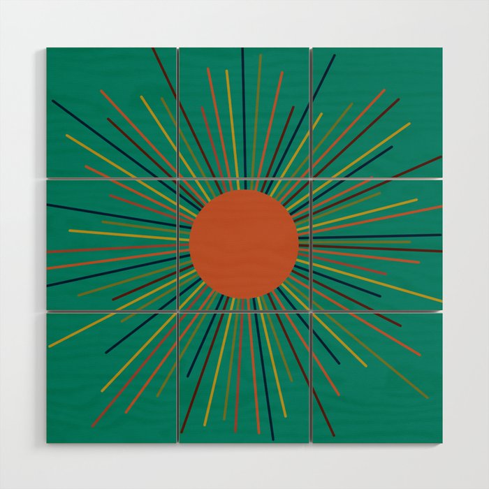 Mid-Century Modern Sunburst - Minimalist Abstract Sun in Mid Mod Orange, Olive, Mustard, and Teal Turquoise Wood Wall Art Gallery Image 1