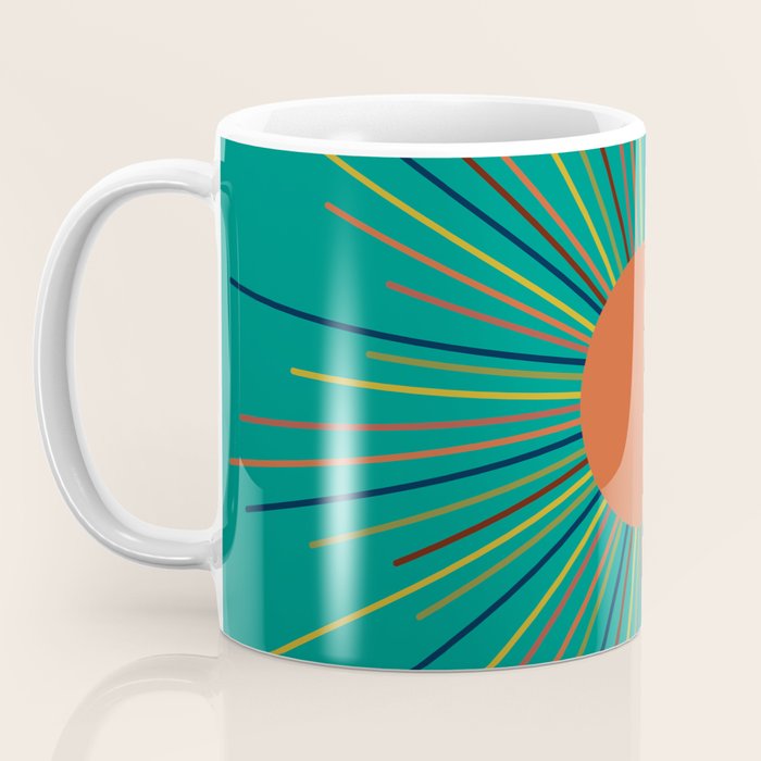 Mid-Century Modern Sunburst - Minimalist Abstract Sun in Mid Mod Orange, Olive, Mustard, and Teal Turquoise Coffee Mug Gallery Image 3