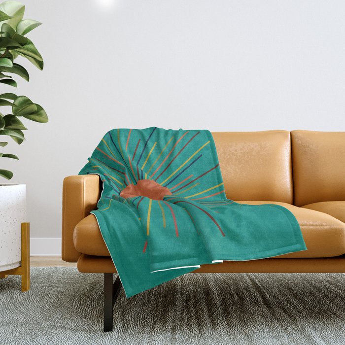 Mid-Century Modern Sunburst - Minimalist Abstract Sun in Mid Mod Orange, Olive, Mustard, and Teal Turquoise Throw Blanket Gallery Image 1