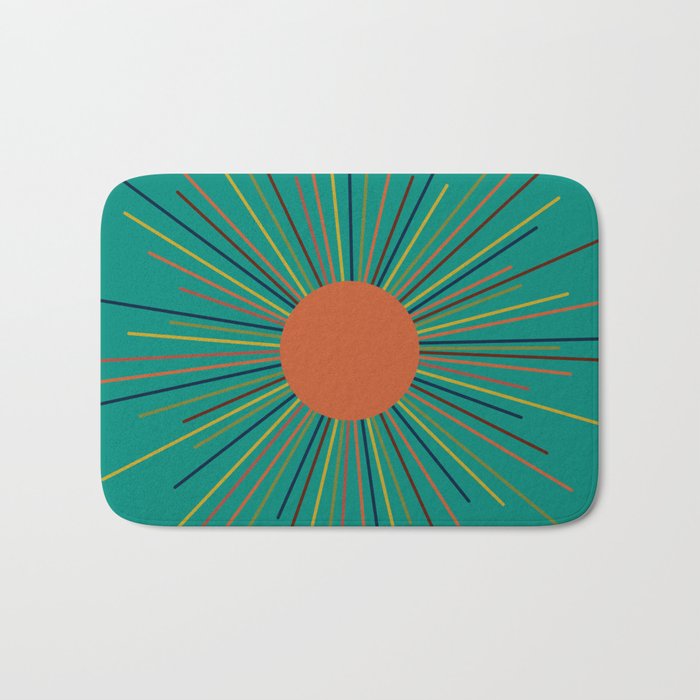 Mid-Century Modern Sunburst - Minimalist Abstract Sun in Mid Mod Orange, Olive, Mustard, and Teal Turquoise Bath Mat Gallery Image 1
