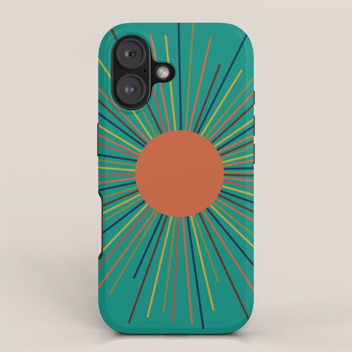 Mid-Century Modern Sunburst - Minimalist Abstract Sun in Mid Mod Orange, Olive, Mustard, and Teal Turquoise iPhone Case Gallery Image 1