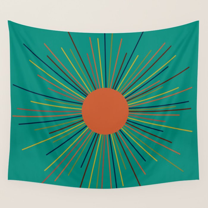 Mid-Century Modern Sunburst - Minimalist Abstract Sun in Mid Mod Orange, Olive, Mustard, and Teal Turquoise Wall Tapestry Gallery Image 1