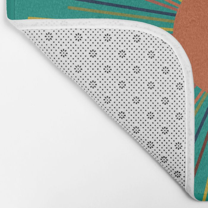 Mid-Century Modern Sunburst - Minimalist Abstract Sun in Mid Mod Orange, Olive, Mustard, and Teal Turquoise Bath Mat Gallery Image 2