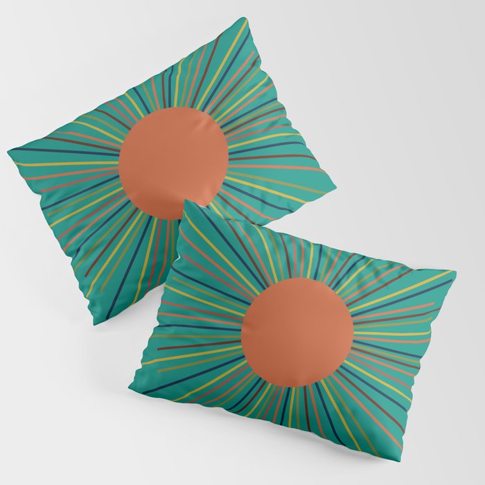 Mid-Century Modern Sunburst - Minimalist Abstract Sun in Mid Mod Orange, Olive, Mustard, and Teal Turquoise Pillow Sham Gallery Image 3