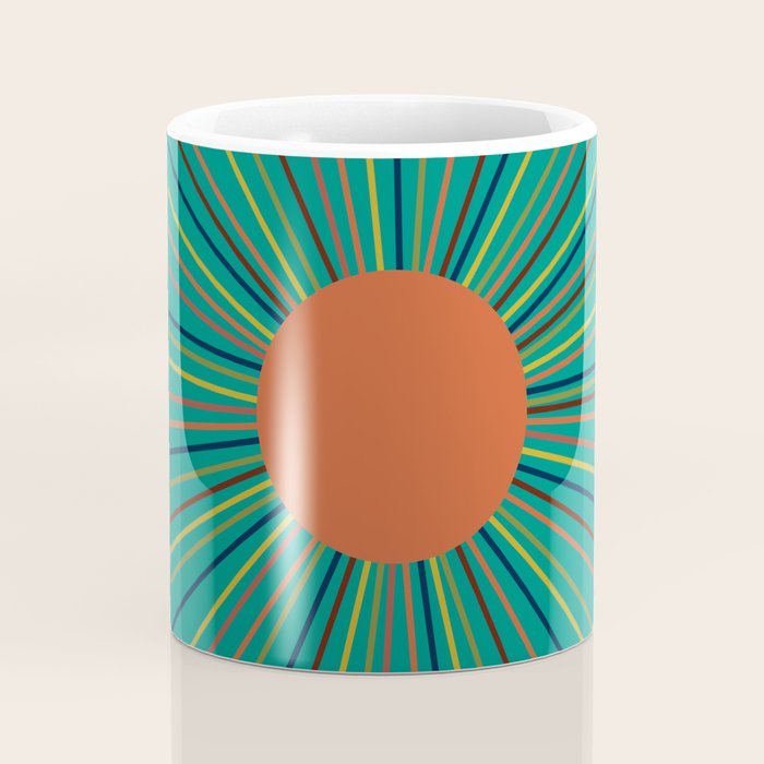 Mid-Century Modern Sunburst - Minimalist Abstract Sun in Mid Mod Orange, Olive, Mustard, and Teal Turquoise Coffee Mug Gallery Image 4