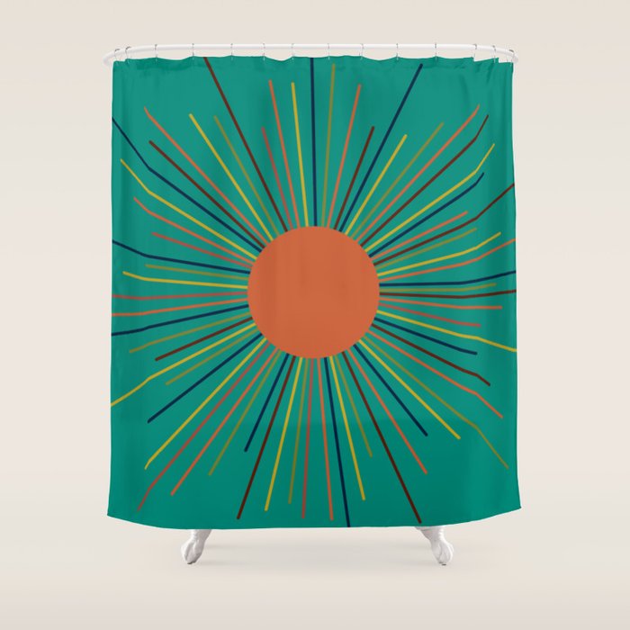Mid-Century Modern Sunburst - Minimalist Abstract Sun in Mid Mod Orange, Olive, Mustard, and Teal Turquoise Shower Curtain Gallery Image 1