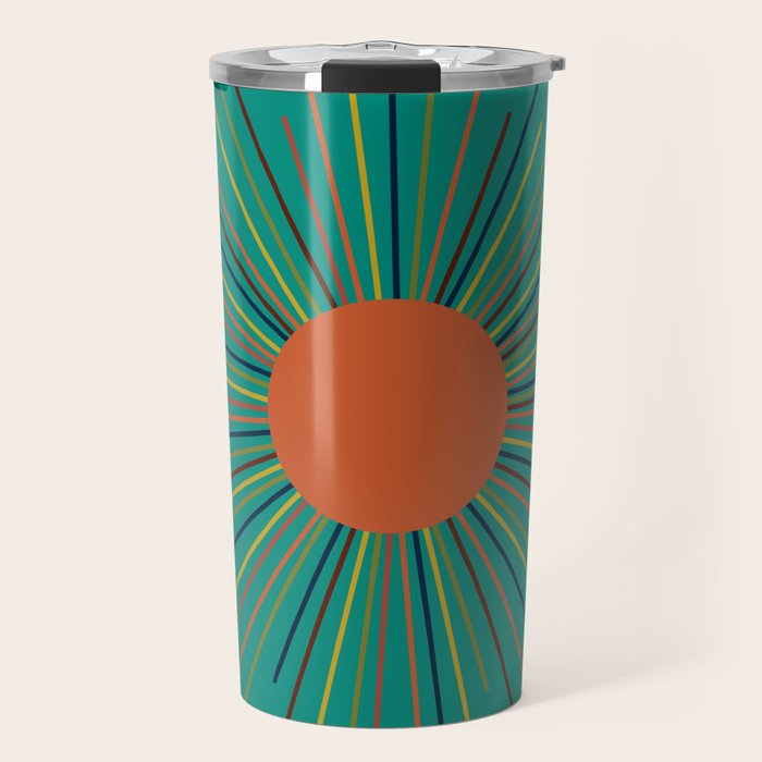 Mid-Century Modern Sunburst - Minimalist Abstract Sun in Mid Mod Orange, Olive, Mustard, and Teal Turquoise Travel Mug Gallery Image 1