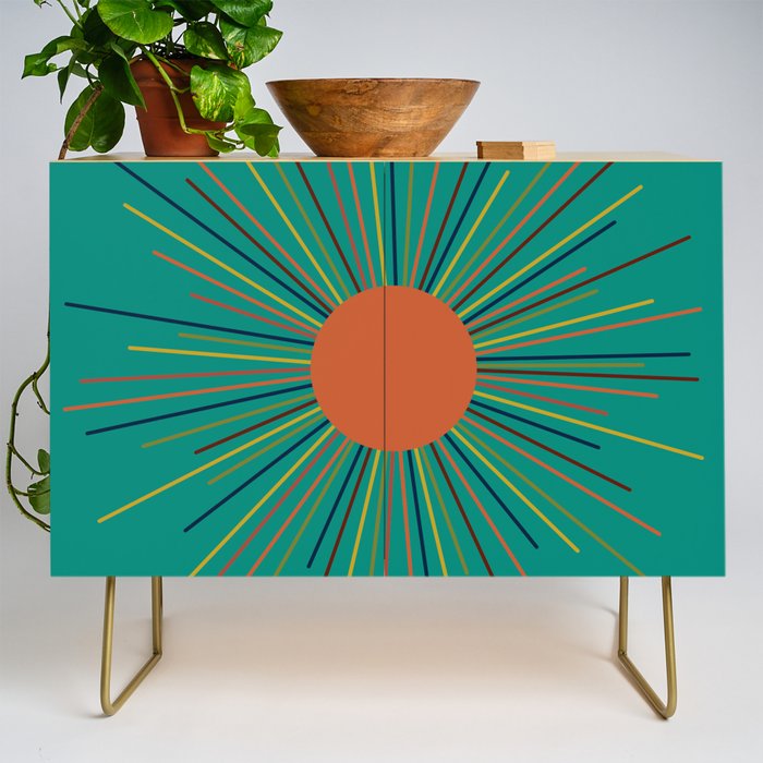 Mid-Century Modern Sunburst - Minimalist Abstract Sun in Mid Mod Orange, Olive, Mustard, and Teal Turquoise Credenza Gallery Image 1