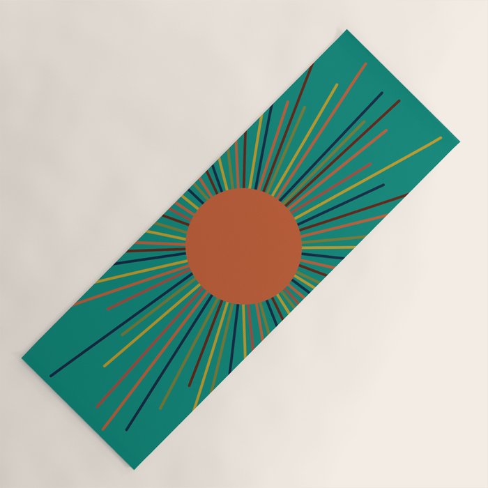 Mid-Century Modern Sunburst - Minimalist Abstract Sun in Mid Mod Orange, Olive, Mustard, and Teal Turquoise Yoga Mat Gallery Image 1