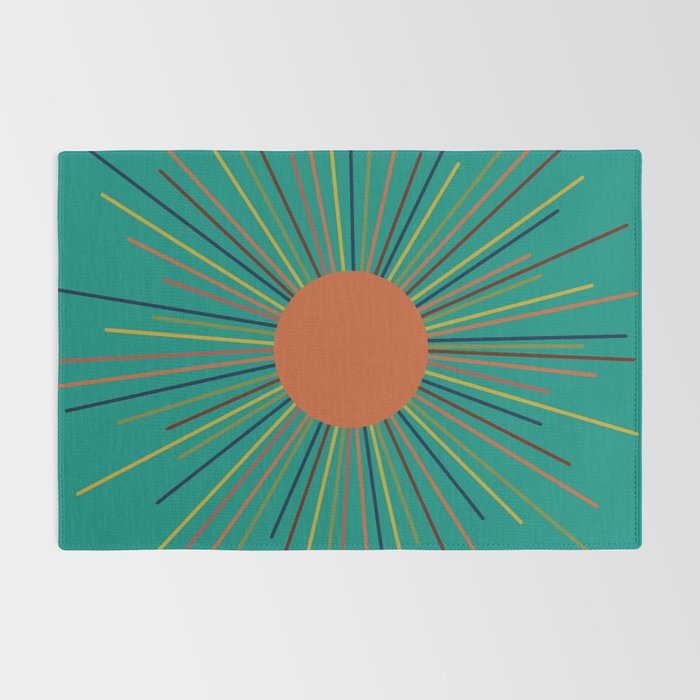 Mid-Century Modern Sunburst - Minimalist Abstract Sun in Mid Mod Orange, Olive, Mustard, and Teal Turquoise Rug Gallery Image 2