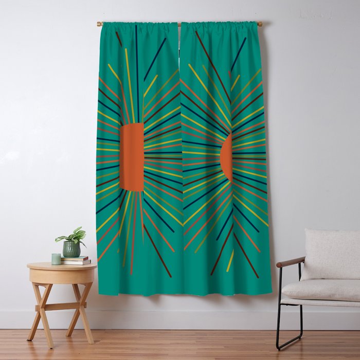 Mid-Century Modern Sunburst - Minimalist Abstract Sun in Mid Mod Orange, Olive, Mustard, and Teal Turquoise Window Curtain Gallery Image 5