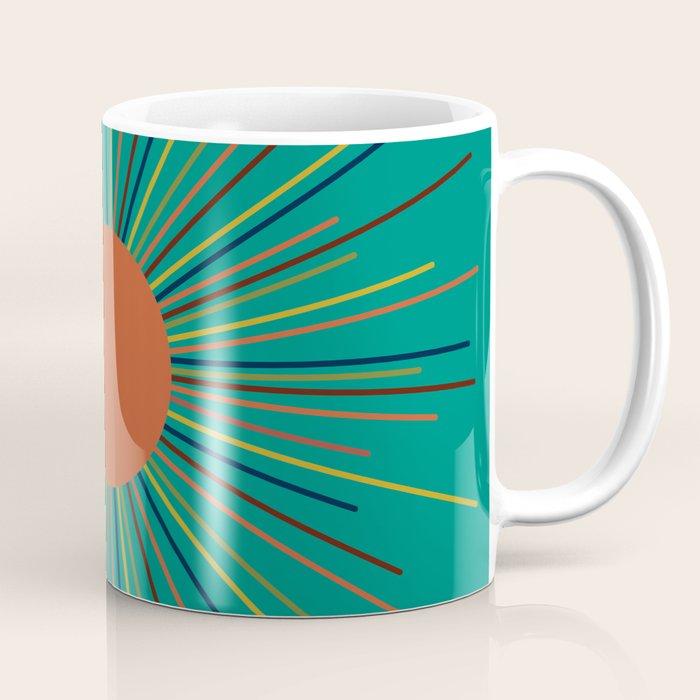 Mid-Century Modern Sunburst - Minimalist Abstract Sun in Mid Mod Orange, Olive, Mustard, and Teal Turquoise Coffee Mug Gallery Image 1