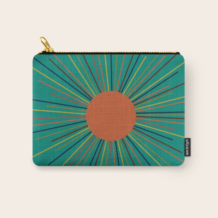Mid-Century Modern Sunburst - Minimalist Abstract Sun in Mid Mod Orange, Olive, Mustard, and Teal Turquoise Carry All Pouch Gallery Image 1